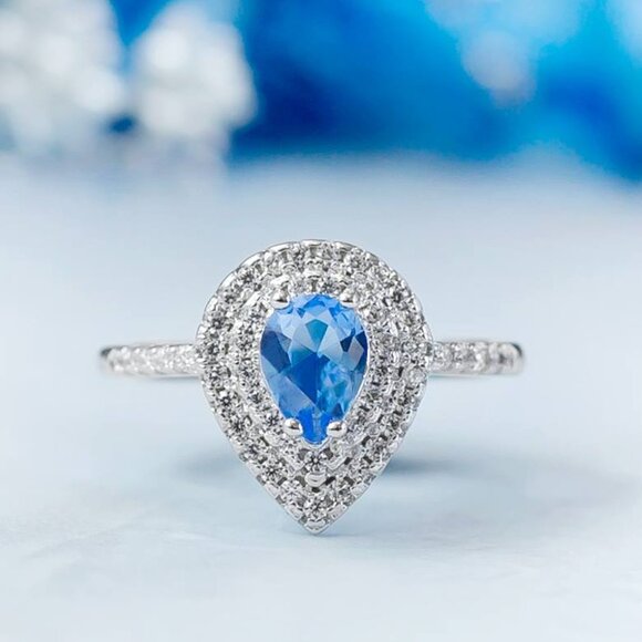 Blue Topaz Pear Gemstone ring, Solid 925 Sterling Silver Charmed Aroma - Picture 4 of 8